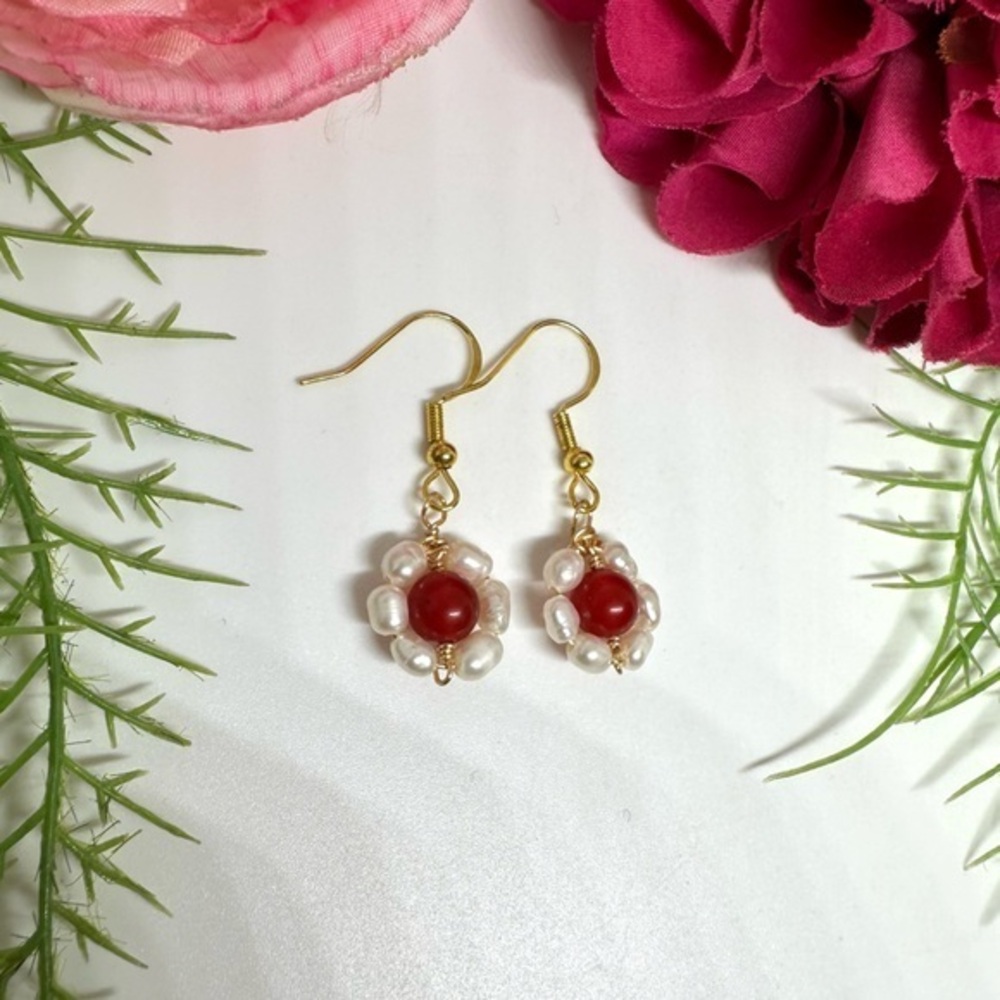 NEW⚜️Red Jade Freshwater Pearl Flower Charm Earrings
